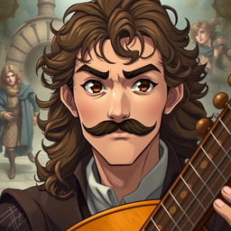 A human bard aged between 25 and 30 years with slightly curly long brown hair, a fancy mustache, and brown eyes that carry a serious look