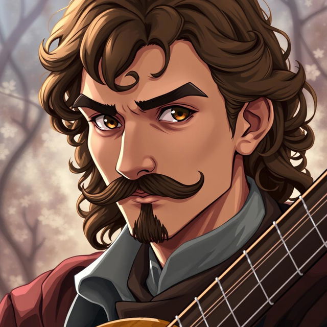 A human bard aged between 25 and 30 years with slightly curly long brown hair, a fancy mustache, and brown eyes that carry a serious look