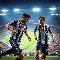 A captivating scene featuring Vlahovic Dusan and Kenan Yildiz, two athletic football stars, inside the Allianz Stadium