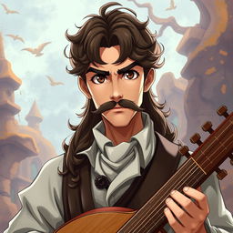 A human bard aged between 25 and 30 years with slightly curly long brown hair, a fancy mustache, and brown eyes that carry a serious look