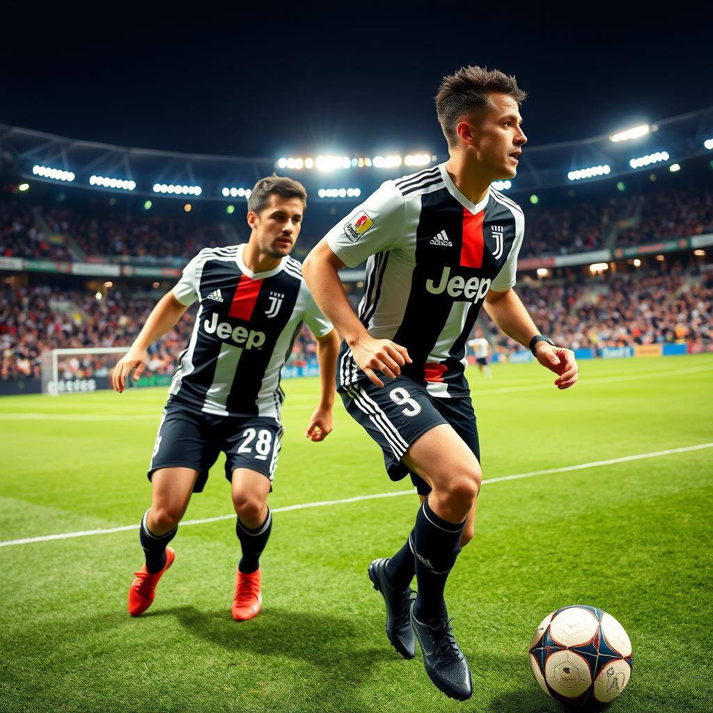 A captivating scene featuring Vlahovic Dusan and Kenan Yildiz, two athletic football stars, inside the Allianz Stadium