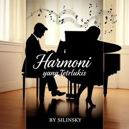 A novel cover featuring a creative and artistic background image of a male pianist seated at a grand piano, elegantly dressed, as musical notes flowing from the piano form the silhouette of a girl standing beside him