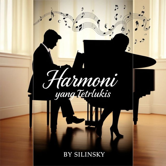 A novel cover featuring a creative and artistic background image of a male pianist seated at a grand piano, elegantly dressed, as musical notes flowing from the piano form the silhouette of a girl standing beside him