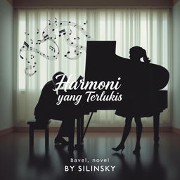 A novel cover featuring a creative and artistic background image of a male pianist seated at a grand piano, elegantly dressed, as musical notes flowing from the piano form the silhouette of a girl standing beside him