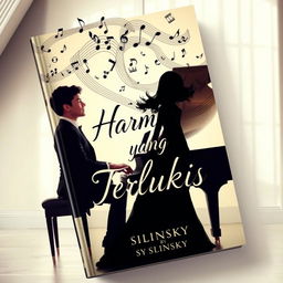 A novel cover featuring a creative and artistic background image of a male pianist seated at a grand piano, elegantly dressed, as musical notes flowing from the piano form the silhouette of a girl standing beside him