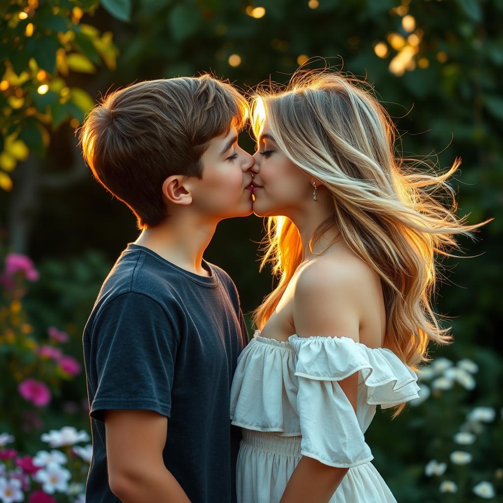 A beautifully romantic scene capturing a teenage boy and girl sharing a gentle kiss