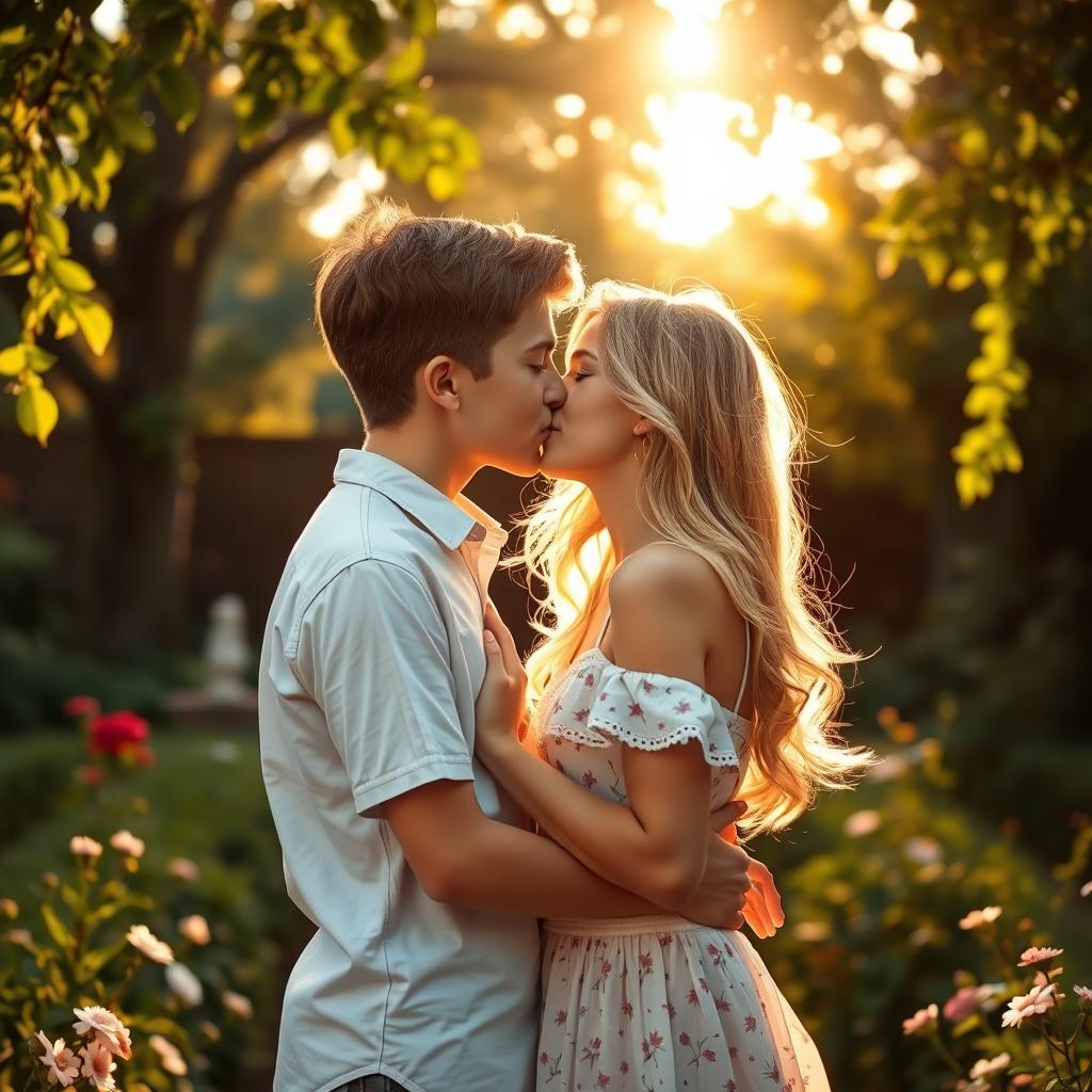 A beautifully romantic scene capturing a teenage boy and girl sharing a gentle kiss