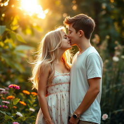 A beautifully romantic scene capturing a teenage boy and girl sharing a gentle kiss