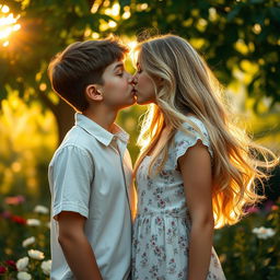 A beautifully romantic scene capturing a teenage boy and girl sharing a gentle kiss