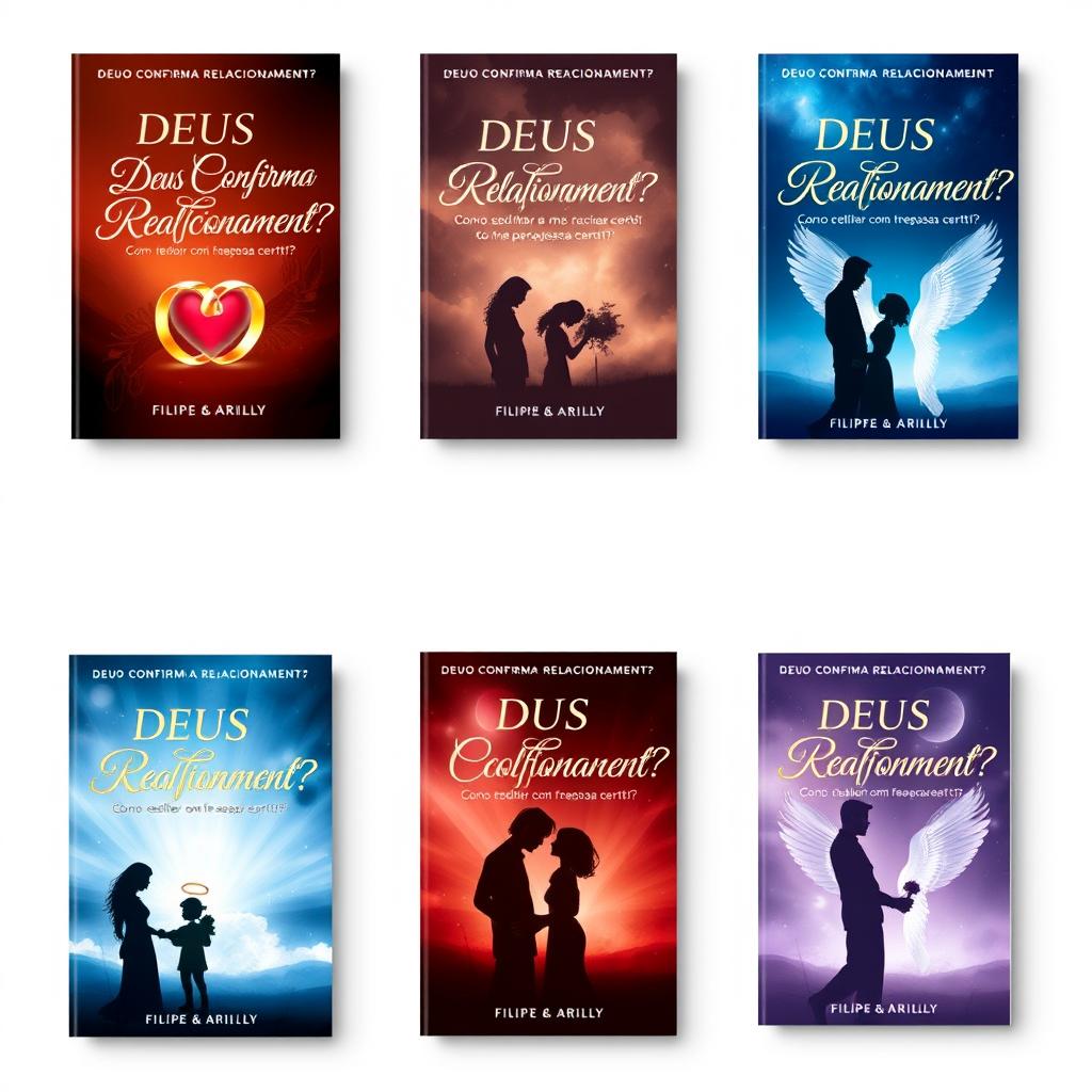 A series of ebook covers featuring a romantic and divine theme for the title "DEUS CONFIRMA RELACIONAMENTO?" with the subtitle "Como escolher e me relacionar com a pessoa certa?" by Filipe & Arielly