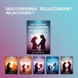 A series of ebook covers featuring a romantic and divine theme for the title "DEUS CONFIRMA RELACIONAMENTO?" with the subtitle "Como escolher e me relacionar com a pessoa certa?" by Filipe & Arielly