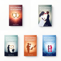 A series of ebook covers featuring a romantic and divine theme for the title "DEUS CONFIRMA RELACIONAMENTO?" with the subtitle "Como escolher e me relacionar com a pessoa certa?" by Filipe & Arielly