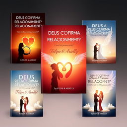 A series of ebook covers featuring a romantic and divine theme for the title "DEUS CONFIRMA RELACIONAMENTO?" with the subtitle "Como escolher e me relacionar com a pessoa certa?" by Filipe & Arielly