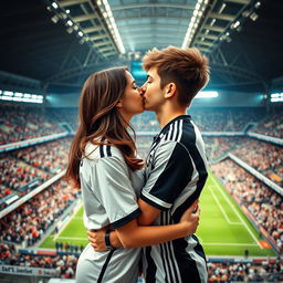 A romantic scene capturing a teenage boy, wearing a Juventus jersey, and a brunette girl sharing a tender kiss inside the Allianz Stadium