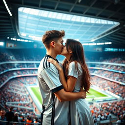 A romantic scene capturing a teenage boy, wearing a Juventus jersey, and a brunette girl sharing a tender kiss inside the Allianz Stadium