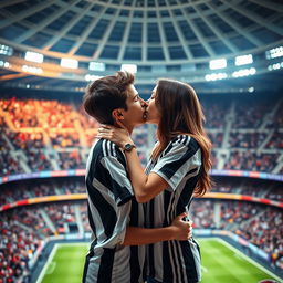 A romantic scene capturing a teenage boy, wearing a Juventus jersey, and a brunette girl sharing a tender kiss inside the Allianz Stadium