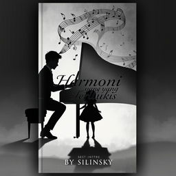 A novel cover featuring an imaginative background illustration of a male pianist elegantly seated at a grand piano