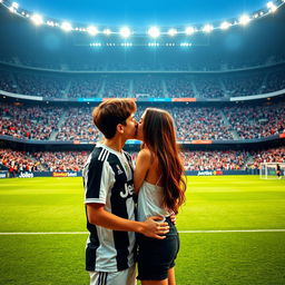 A romantic scene set on the pitch of the Allianz Stadium, featuring a teenage boy wearing a Juventus jersey and a brunette girl sharing a tender kiss