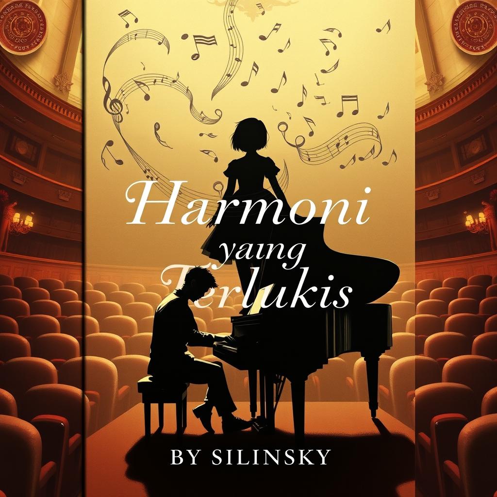 A novel cover featuring a sophisticated background illustration of a male pianist seated at a grand piano during a recital