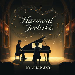 A novel cover featuring a sophisticated background illustration of a male pianist seated at a grand piano during a recital