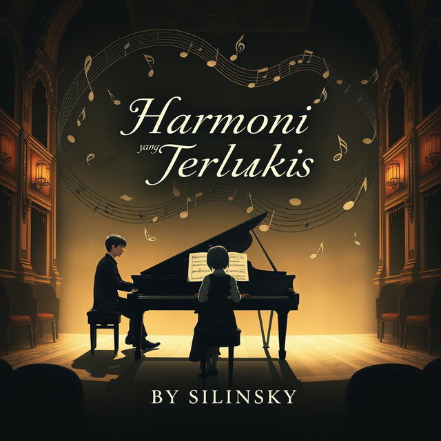 A novel cover featuring a sophisticated background illustration of a male pianist seated at a grand piano during a recital