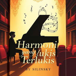 A novel cover featuring a sophisticated background illustration of a male pianist seated at a grand piano during a recital