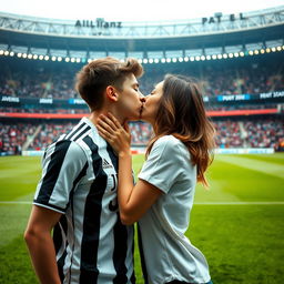 A romantic scene at the Allianz Stadium featuring a good-looking teenage boy in a Juventus jersey and a brunette girl sharing a tender kiss on the pitch