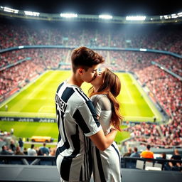 A romantic scene at the Allianz Stadium featuring a good-looking teenage boy in a Juventus jersey and a brunette girl sharing a tender kiss on the pitch