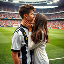 A romantic scene at the Allianz Stadium featuring a good-looking teenage boy in a Juventus jersey and a brunette girl sharing a tender kiss on the pitch