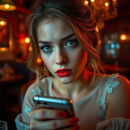 A masterpiece image featuring a woman with expressive eyes and a perfect face sitting in a bar