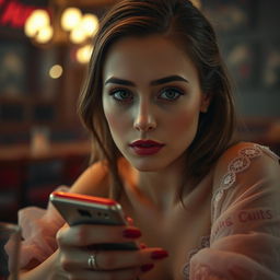 A masterpiece image featuring a woman with expressive eyes and a perfect face sitting in a bar