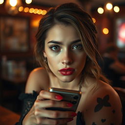 A masterpiece image featuring a woman with expressive eyes and a perfect face sitting in a bar