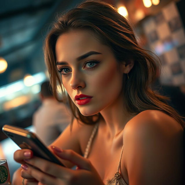 A masterpiece image featuring a woman with expressive eyes and a perfect face sitting in a bar