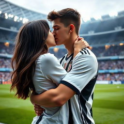 A romantic scene set on the pitch of the Allianz Stadium, featuring a good-looking and well-built teenage boy wearing a Juventus jersey, embracing a brunette girl in a tender kiss