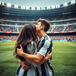 A romantic scene set on the pitch of the Allianz Stadium, featuring a good-looking and well-built teenage boy wearing a Juventus jersey, embracing a brunette girl in a tender kiss