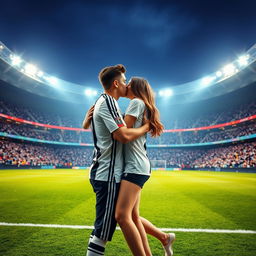 A romantic scene set on the pitch of the Allianz Stadium, featuring a good-looking and well-built teenage boy wearing a Juventus jersey, embracing a brunette girl in a tender kiss