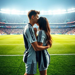 A romantic scene set on the pitch of the Allianz Stadium, featuring a good-looking and well-built teenage boy wearing a Juventus jersey, embracing a brunette girl in a tender kiss