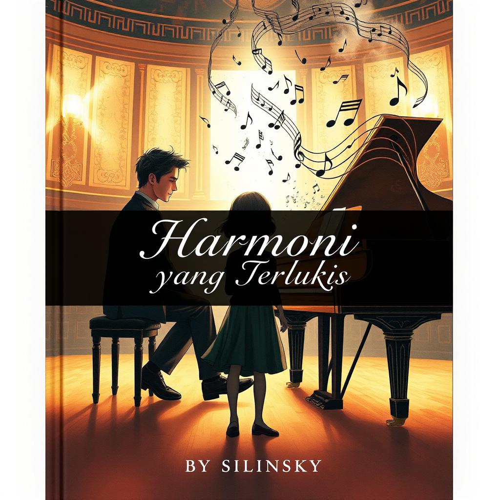 A novel cover showcasing an artistic illustration of a male pianist seated at a grand piano during a recital, where musical notes rise elegantly from the piano and transform into the shadowy silhouette of a girl standing in front of the piano, creating a captivating and harmonious visual