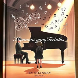 A novel cover showcasing an artistic illustration of a male pianist seated at a grand piano during a recital, where musical notes rise elegantly from the piano and transform into the shadowy silhouette of a girl standing in front of the piano, creating a captivating and harmonious visual