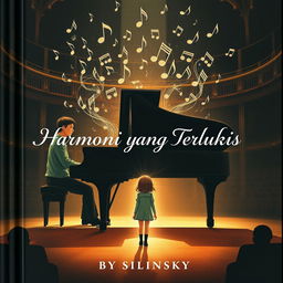 A novel cover showcasing an artistic illustration of a male pianist seated at a grand piano during a recital, where musical notes rise elegantly from the piano and transform into the shadowy silhouette of a girl standing in front of the piano, creating a captivating and harmonious visual