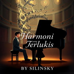 A novel cover showcasing an artistic illustration of a male pianist seated at a grand piano during a recital, where musical notes rise elegantly from the piano and transform into the shadowy silhouette of a girl standing in front of the piano, creating a captivating and harmonious visual