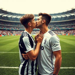 A romantic scene set on the pitch of the Allianz Stadium, featuring a good-looking and athletic teenage boy wearing a Juventus jersey, sharing a tender kiss with a brunette girl