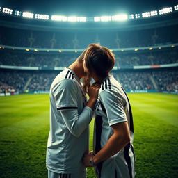 A romantic scene set on the pitch of the Allianz Stadium, featuring a good-looking and athletic teenage boy wearing a Juventus jersey, sharing a tender kiss with a brunette girl