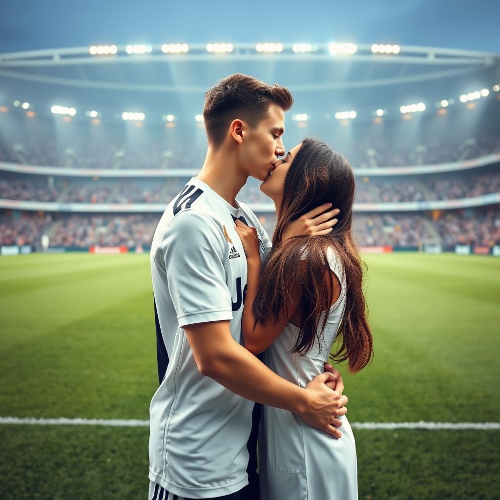 A romantic scene set on the pitch of the Allianz Stadium, featuring a good-looking and athletic teenage boy wearing a Juventus jersey, sharing a tender kiss with a brunette girl