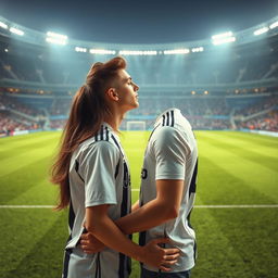 A romantic scene set on the pitch of the Allianz Stadium, featuring a good-looking and athletic teenage boy wearing a Juventus jersey, sharing a tender kiss with a brunette girl