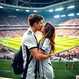 In the vibrant setting of Allianz Stadium, a good-looking and taller teenage boy, dressed in a crisp Juventus jersey, is romantically embracing and kissing a charming brunette girl on the pitch