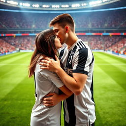 In the vibrant setting of Allianz Stadium, a good-looking and taller teenage boy, dressed in a crisp Juventus jersey, is romantically embracing and kissing a charming brunette girl on the pitch