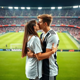 In the vibrant setting of Allianz Stadium, a good-looking and taller teenage boy, dressed in a crisp Juventus jersey, is romantically embracing and kissing a charming brunette girl on the pitch