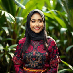 a beautiful Indonesian woman in traditional batik clothing, standing gracefully in a lush tropical setting, showcasing the rich cultural heritage of Indonesia