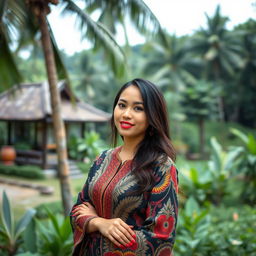 a beautiful Indonesian woman in traditional batik clothing, standing gracefully in a lush tropical setting, showcasing the rich cultural heritage of Indonesia